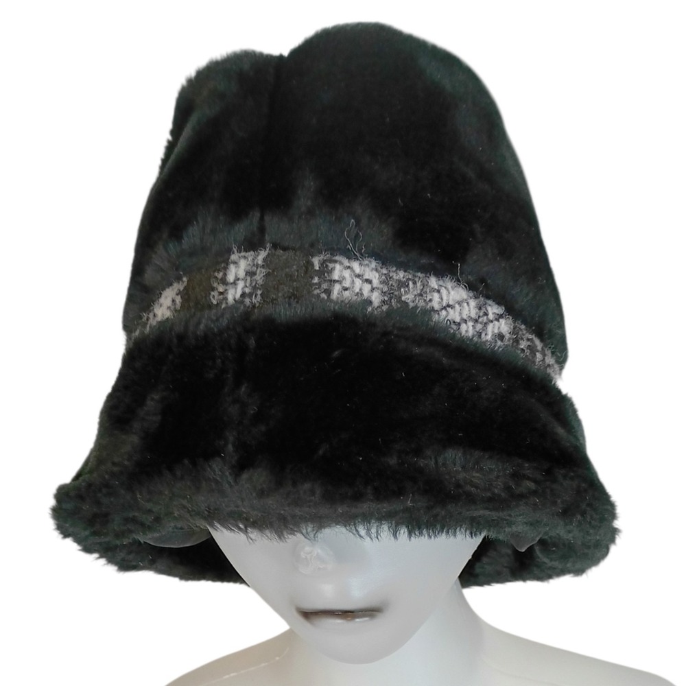 Vintage Black Faux Fur Bucket Hat with Woven Tweed Band Quilted Lining